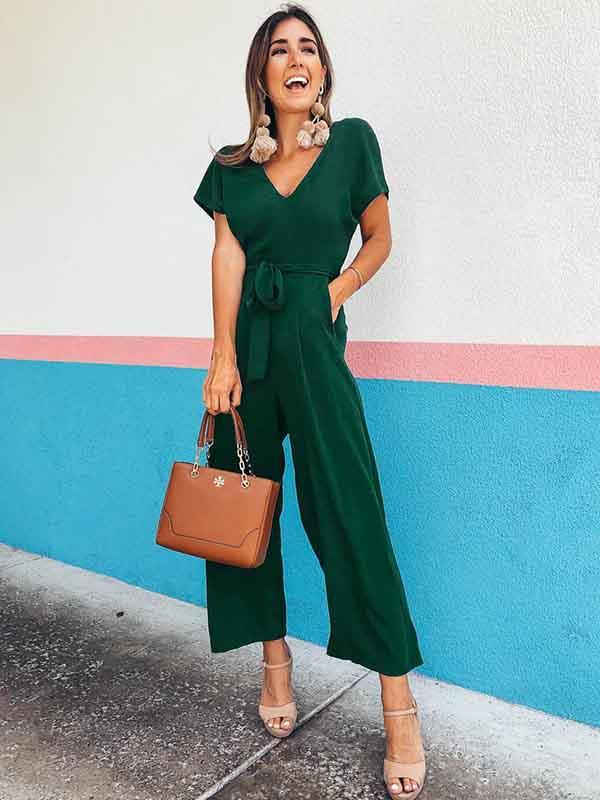 Veleaee V Neck Lace-up Jumpsuit