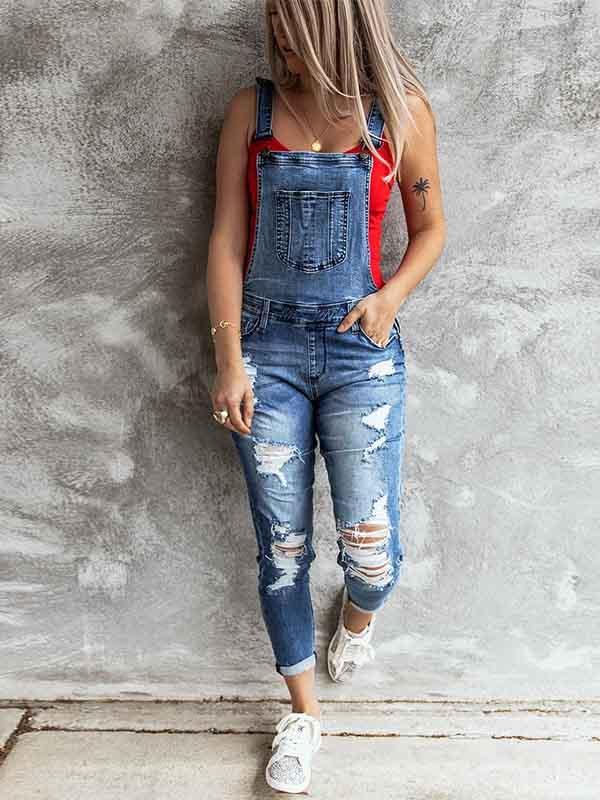 Veleaee Ripped Stretch Denim Jumpsuit
