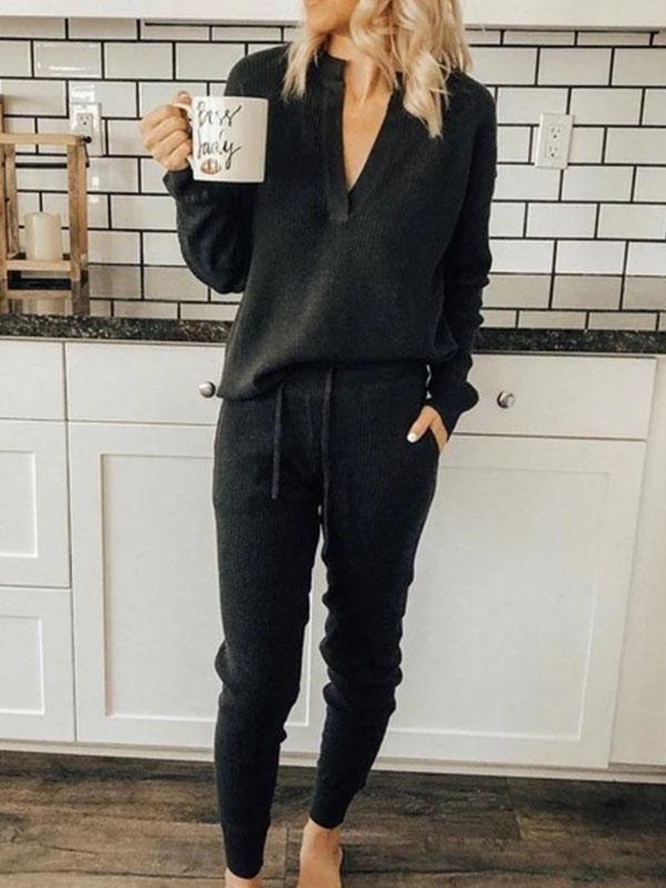 Veleaee  V-Neck Solid Color Sets