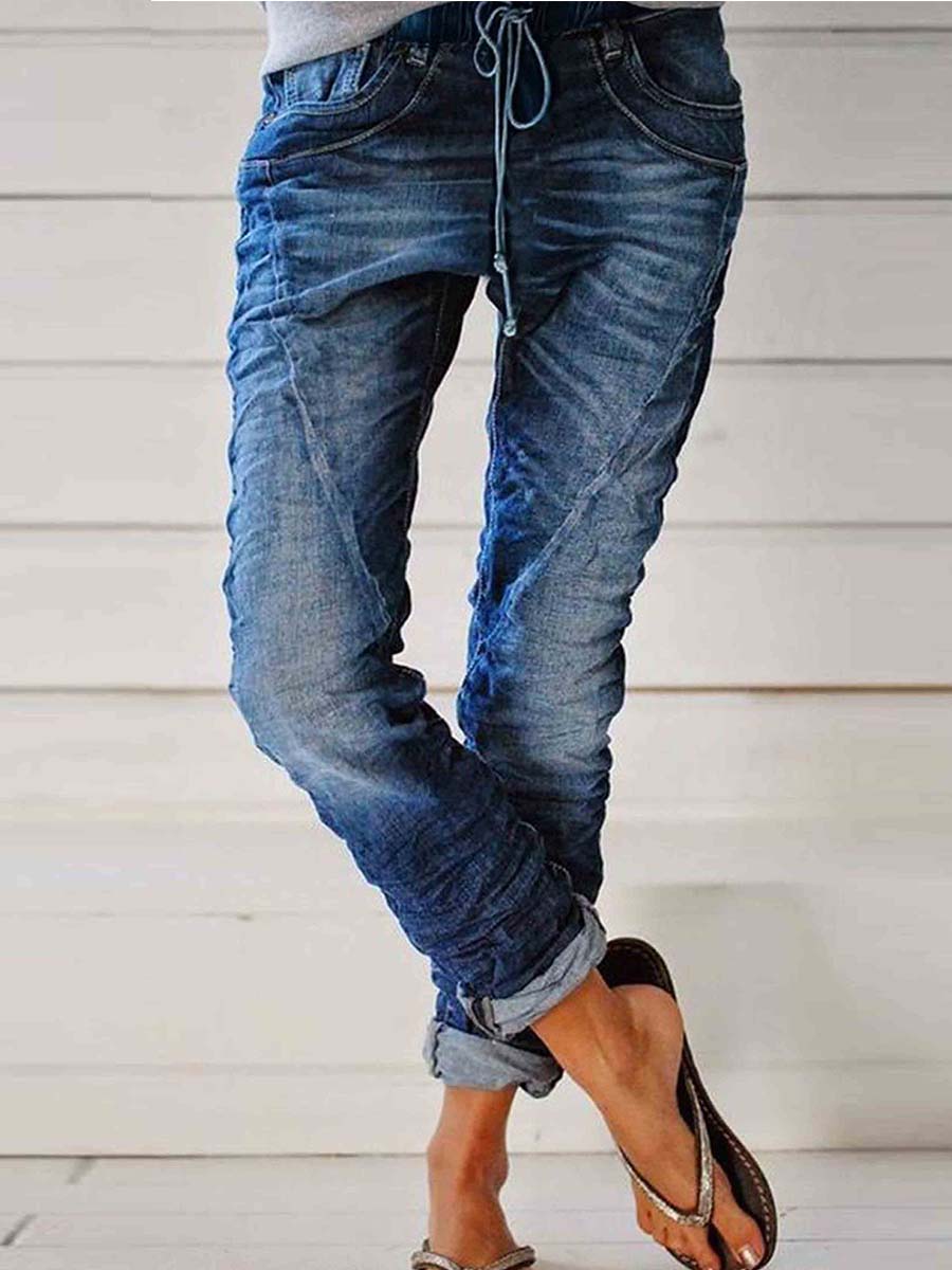 Veleaee Casual Pockets Self-tie Jeans