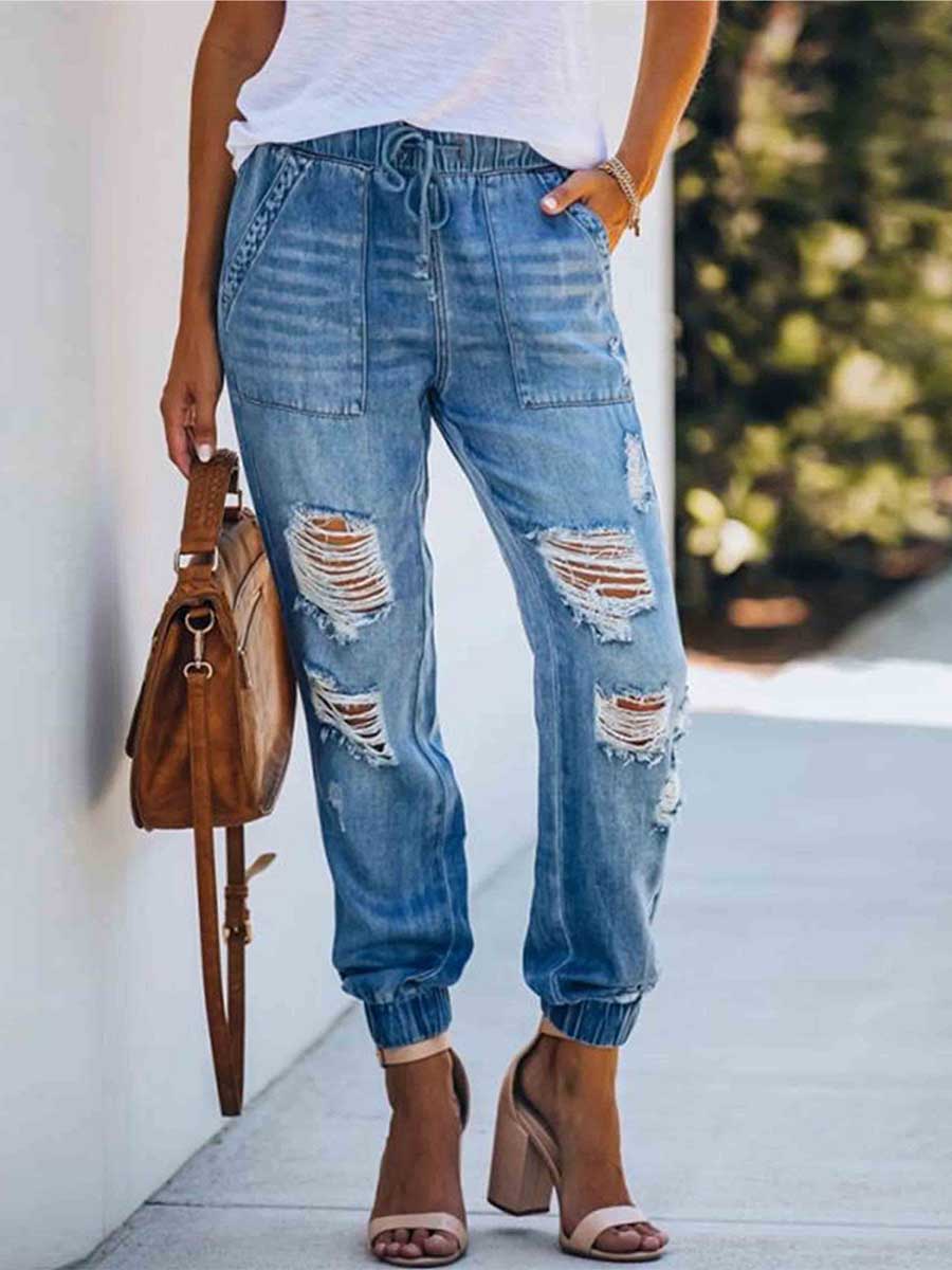 Veleaee Adjustable Waist Ripped Jeans