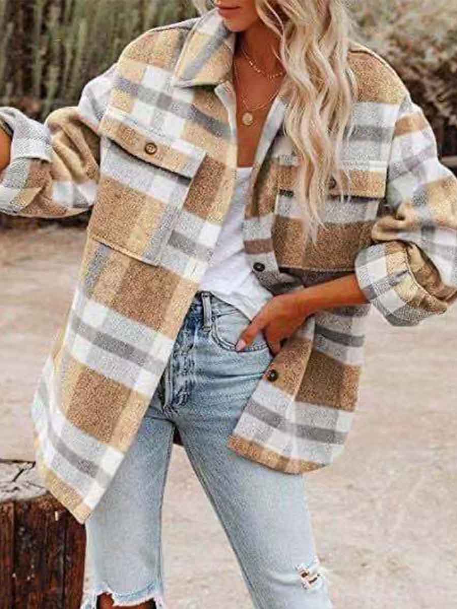 Veleaee Loose Plaid Shirt Coat
