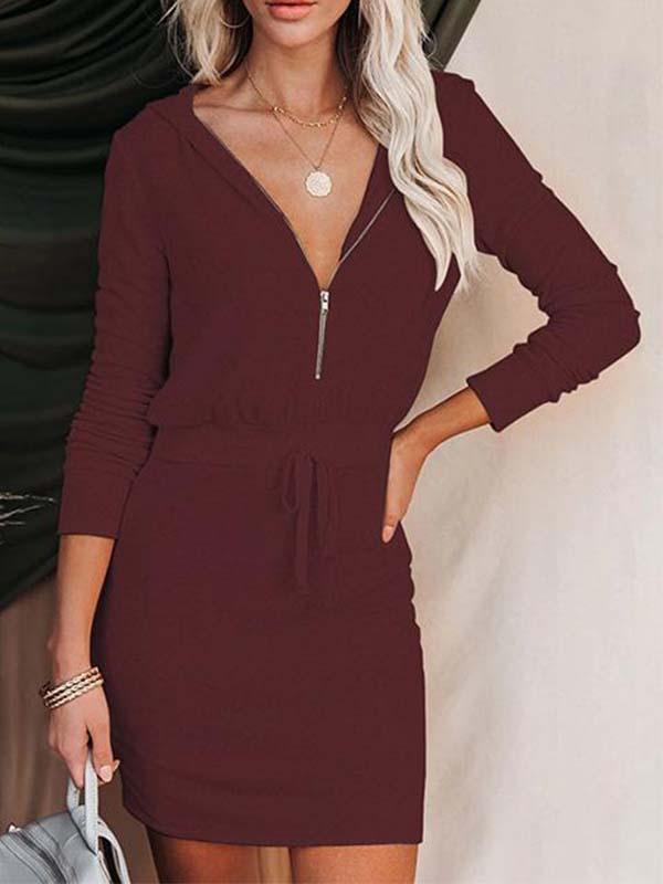 Veleaee Solid Color Zipper Hooded Dress