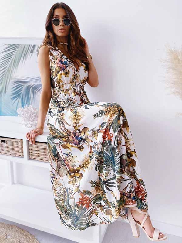 Veleaee V-Neck Print Maxi Dress