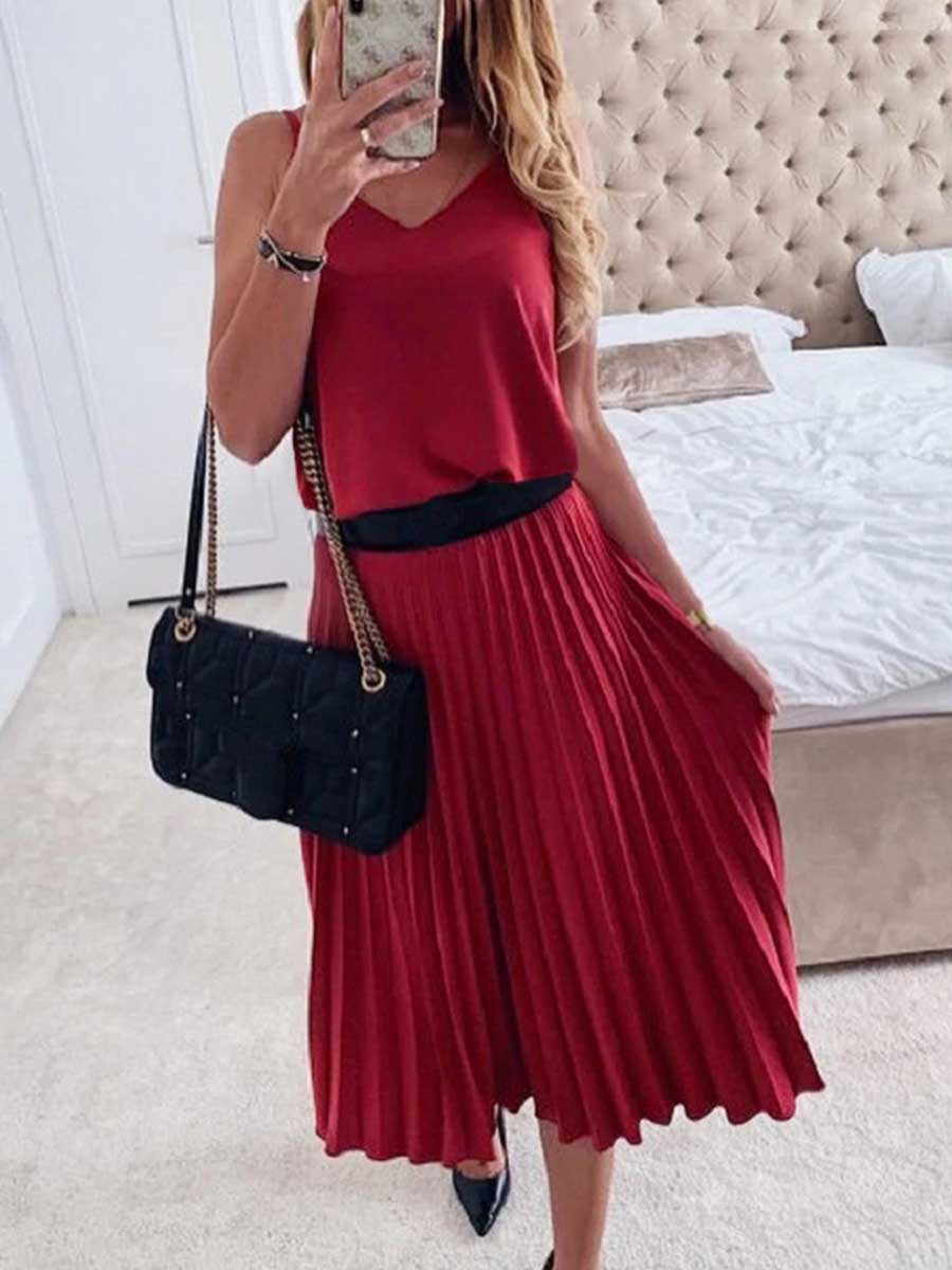 Veleaee Sexy V-Neck Pleated Dress