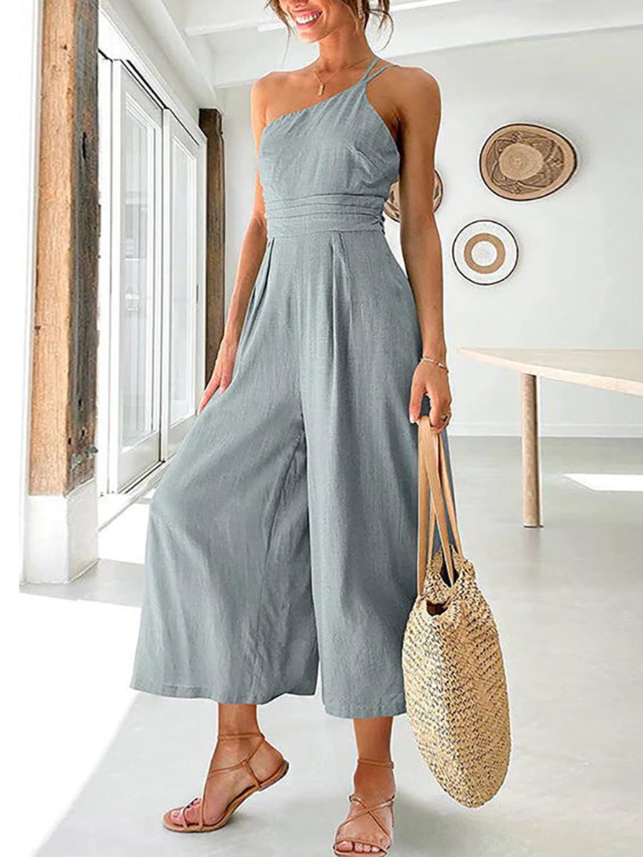 Veleaee Chic Journey One Shoulder Straps Wide Leg Jumpsuit（8 colors）
