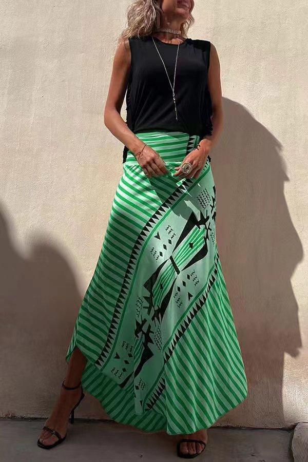 Veleaee Eva Satin Geometric Print Elastic Waist Maxi Skirt
