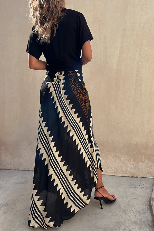 Veleaee Eva Satin Geometric Print Elastic Waist Maxi Skirt