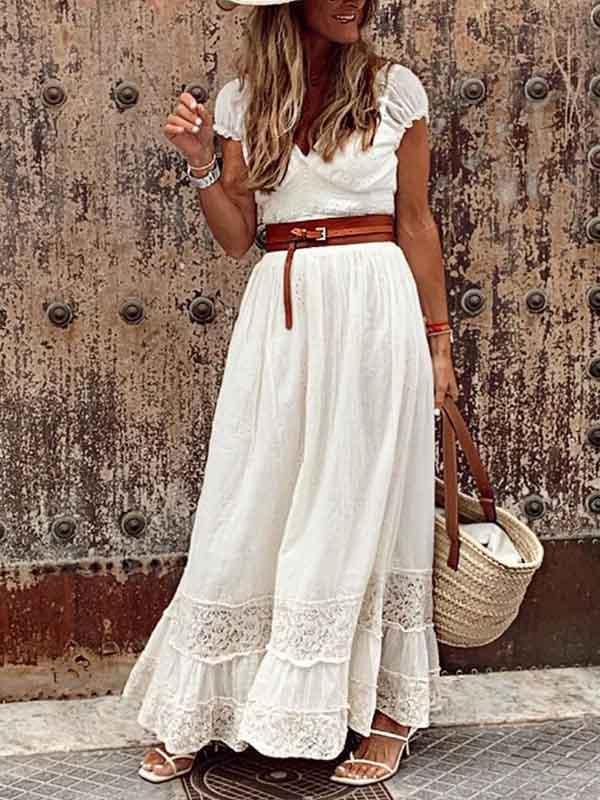 Veleaee Sexy V Neck Lace Maxi Dress