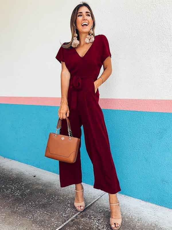 Veleaee V Neck Lace-up Jumpsuit