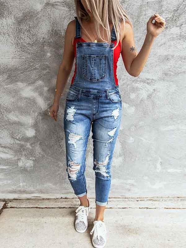 Veleaee Ripped Stretch Denim Jumpsuit