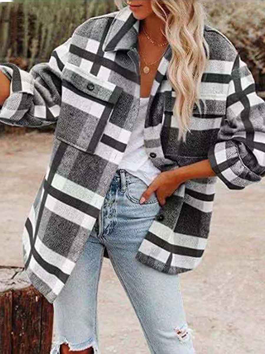 Veleaee Loose Plaid Shirt Coat