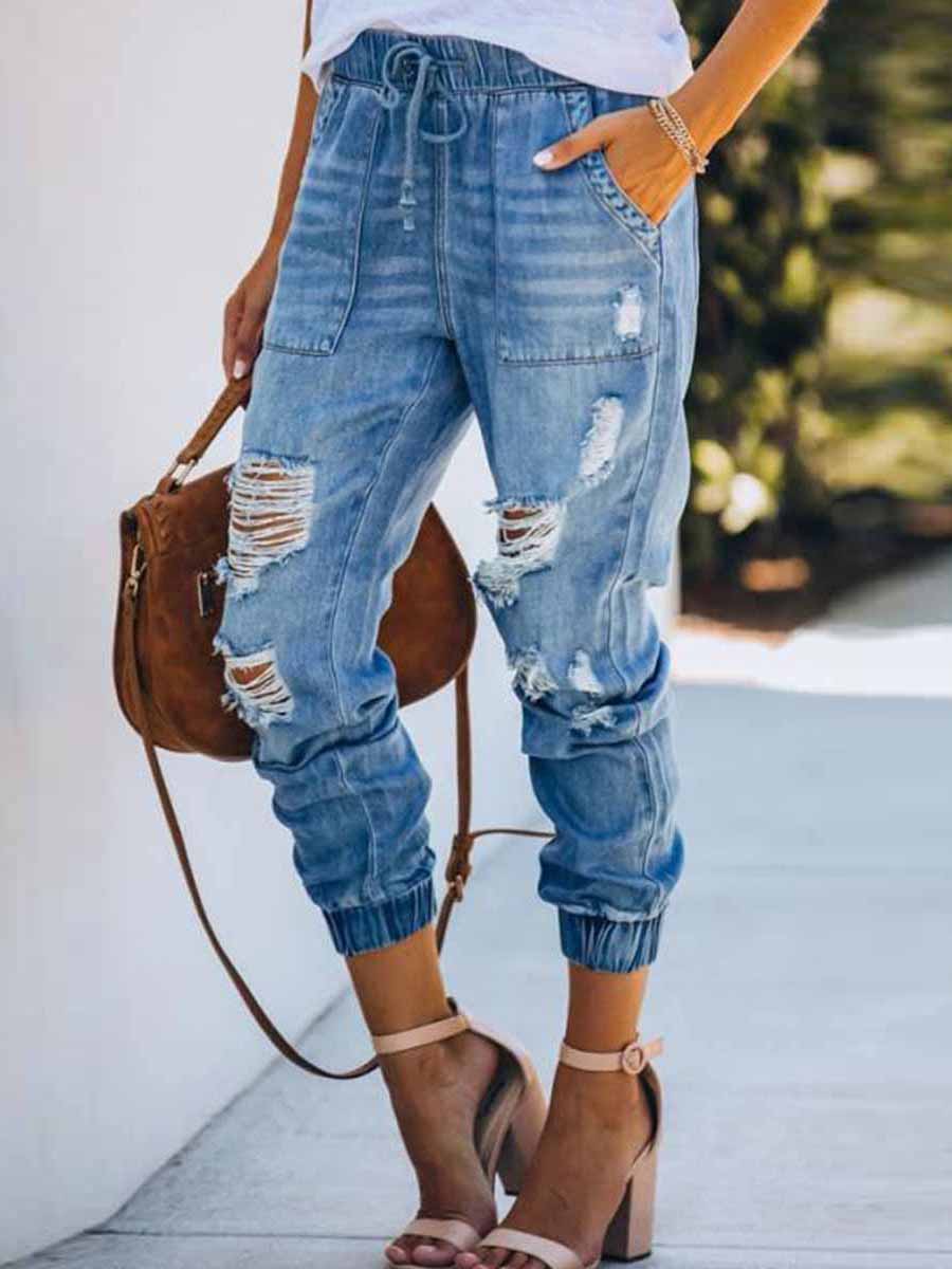 Veleaee Adjustable Waist Ripped Jeans