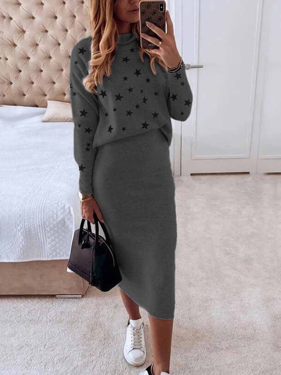 Veleaee Star Print Knit Skirt Sets