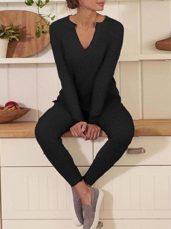 Veleaee  V-Neck Solid Color Sets