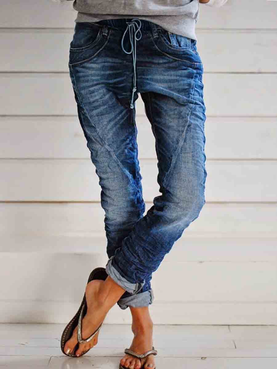 Veleaee Casual Pockets Self-tie Jeans