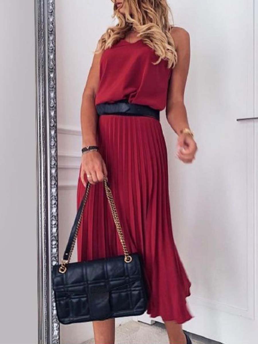 Veleaee Sexy V-Neck Pleated Dress