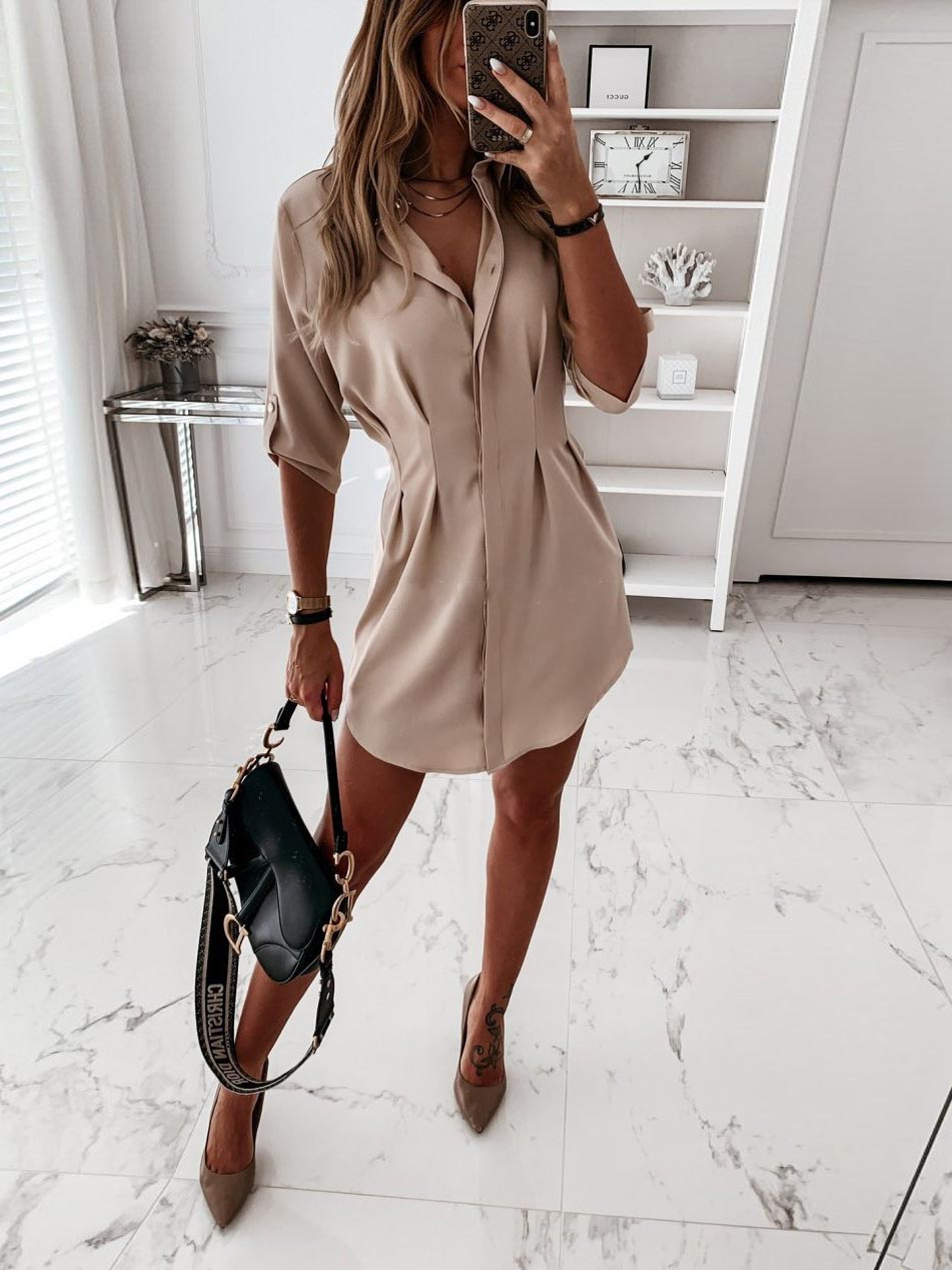 Veleaee Solid Color Shirt Collar Mini Dreess