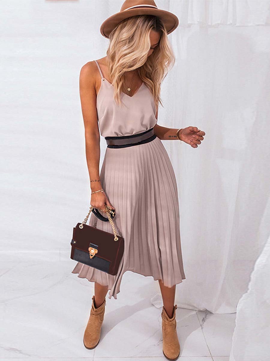 Veleaee Sexy V-Neck Pleated Dress