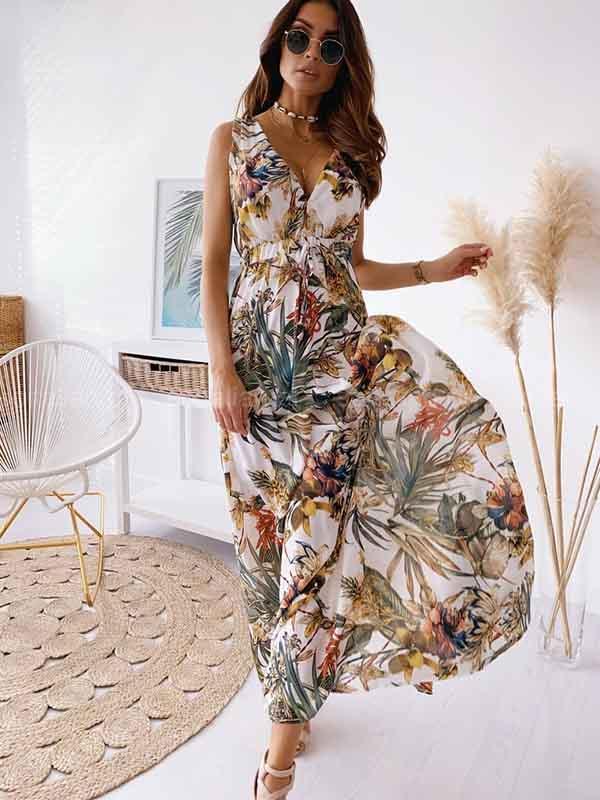 Veleaee V-Neck Print Maxi Dress