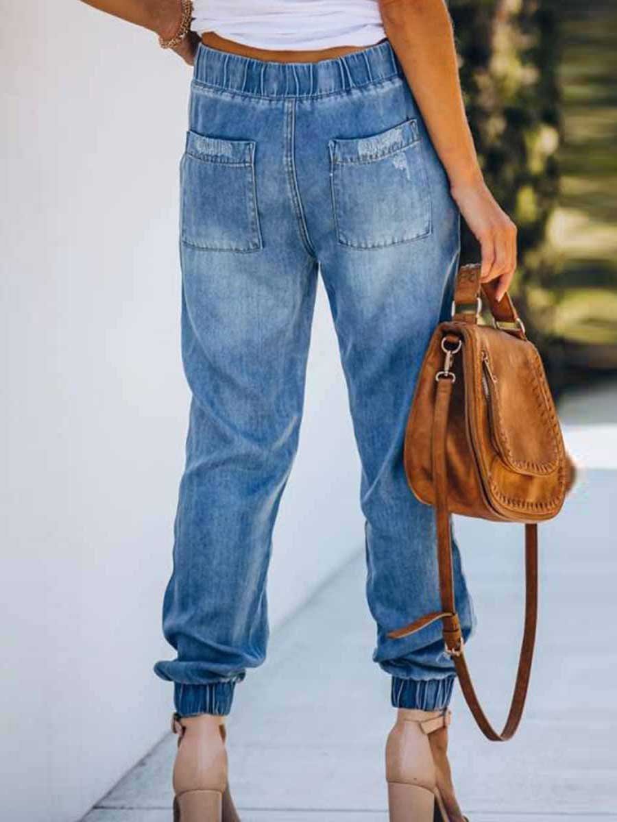 Veleaee Adjustable Waist Ripped Jeans