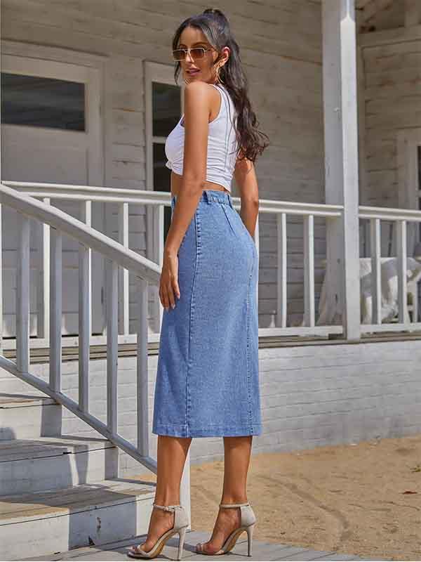 Veleaee Button Irregular Slit Denim Skirt
