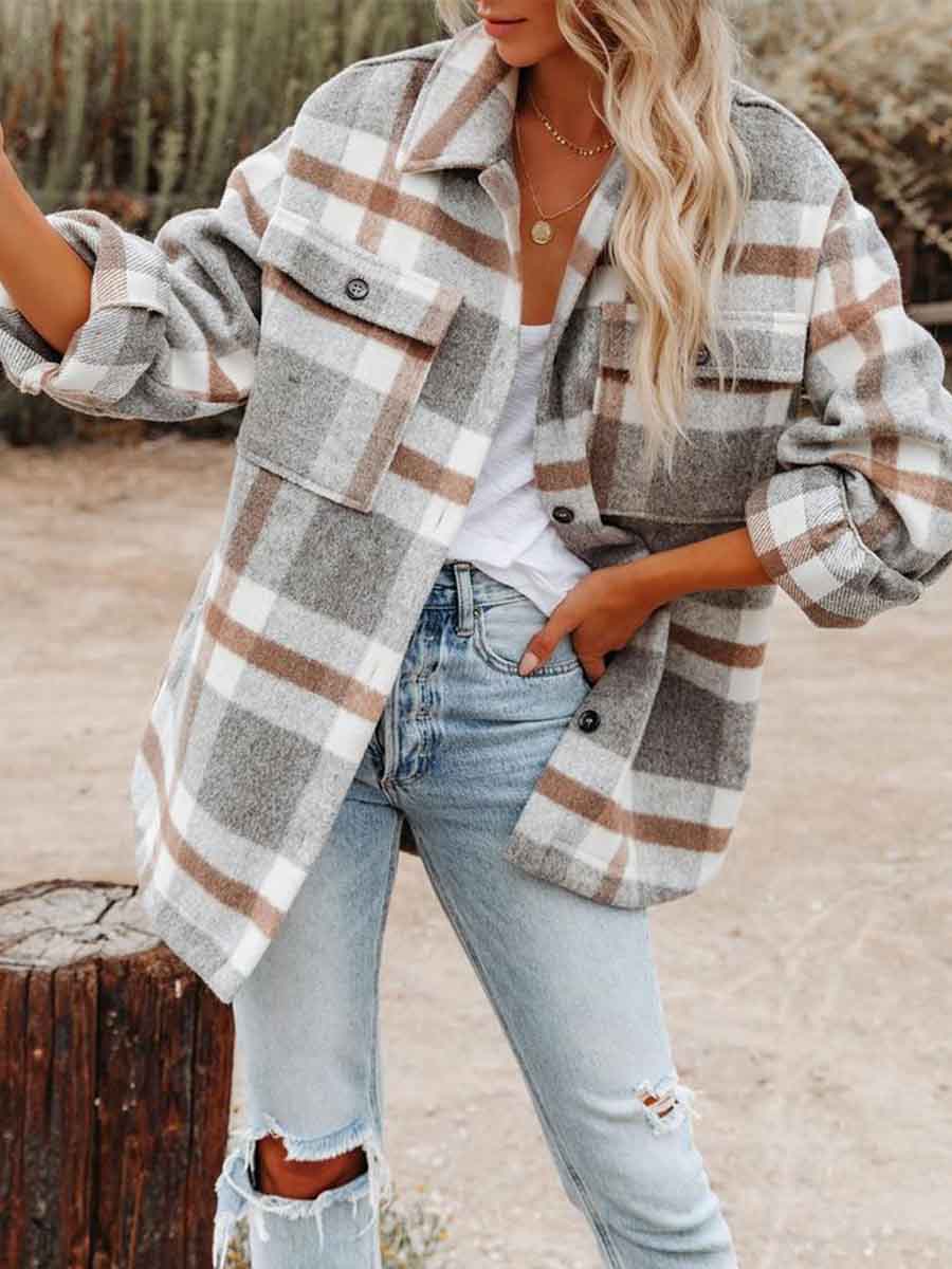 Veleaee Loose Plaid Shirt Coat