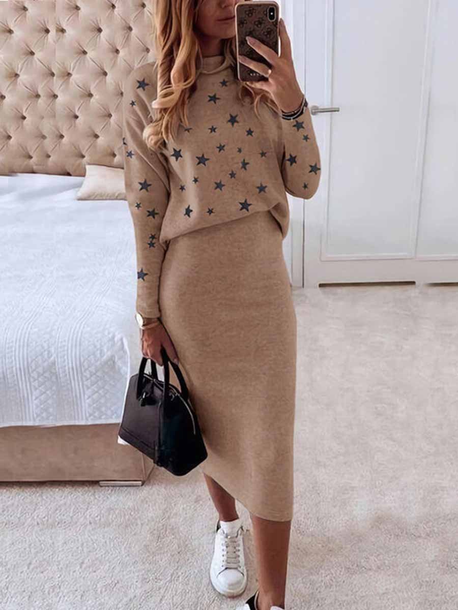 Veleaee Star Print Knit Skirt Sets