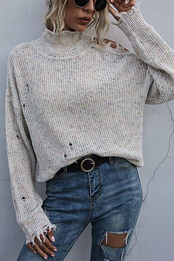Veleaee Loose Off-shoulder Ripped Long-sleeved High-neck Knitted Sweater