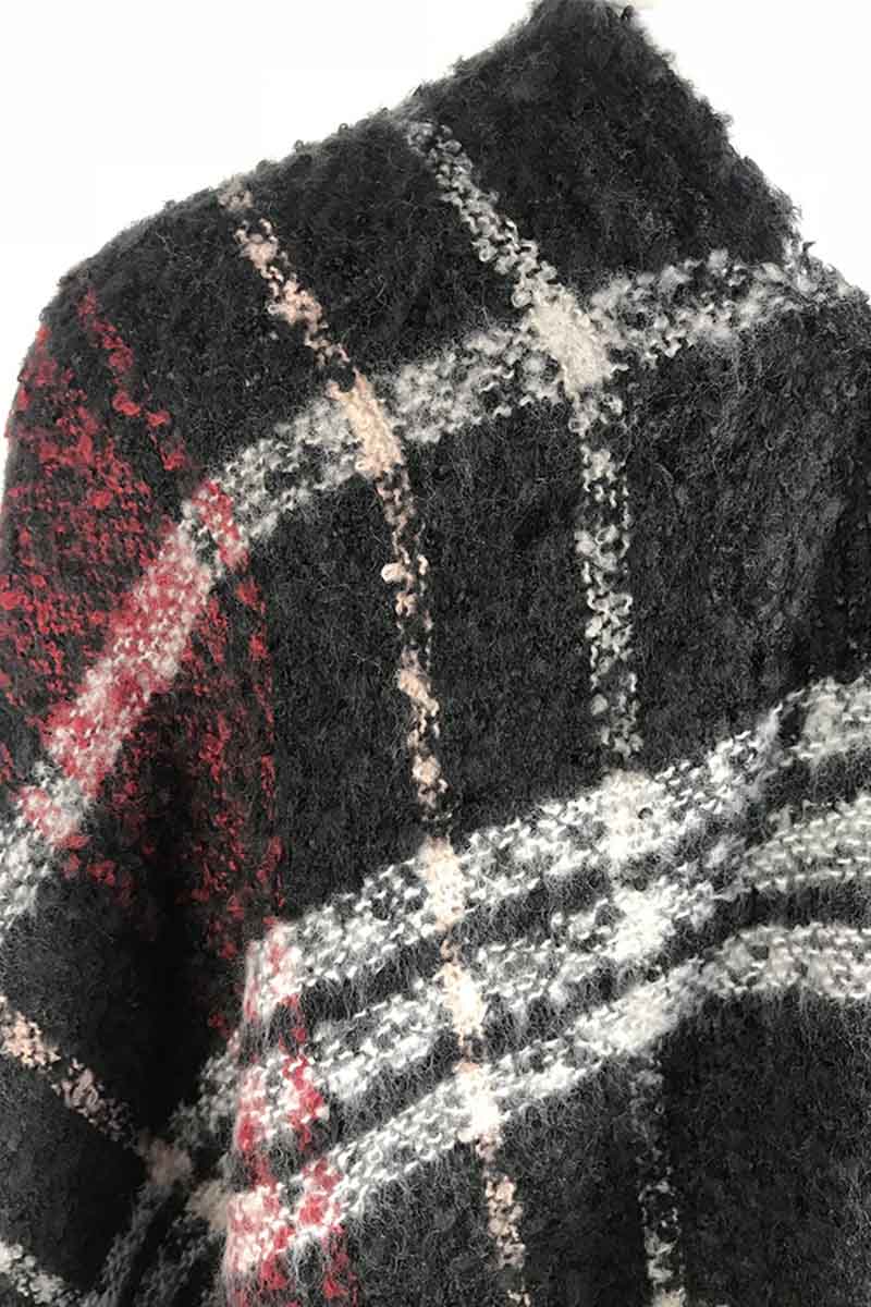 Veleaee Plaid Fringed Knit Shawl Coat