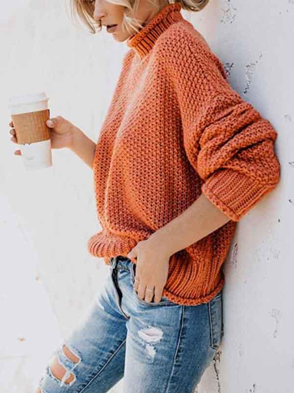 Veleaee  High Neck Solid Color Sweater