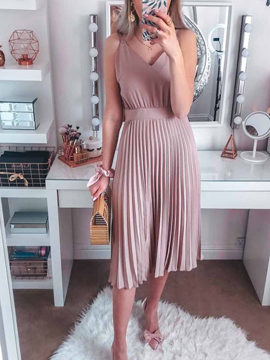 Veleaee Sexy V-Neck Pleated Dress