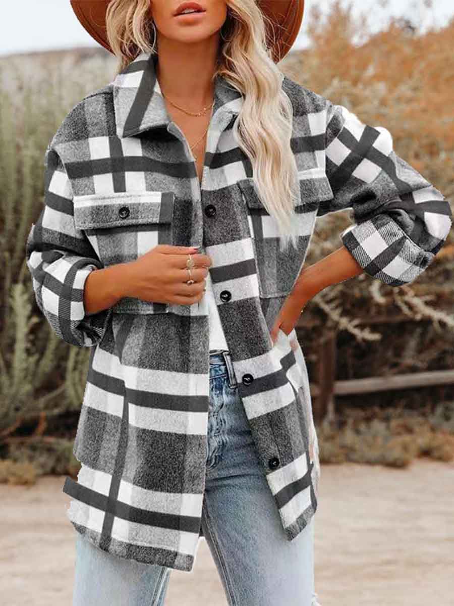 Veleaee Loose Plaid Shirt Coat