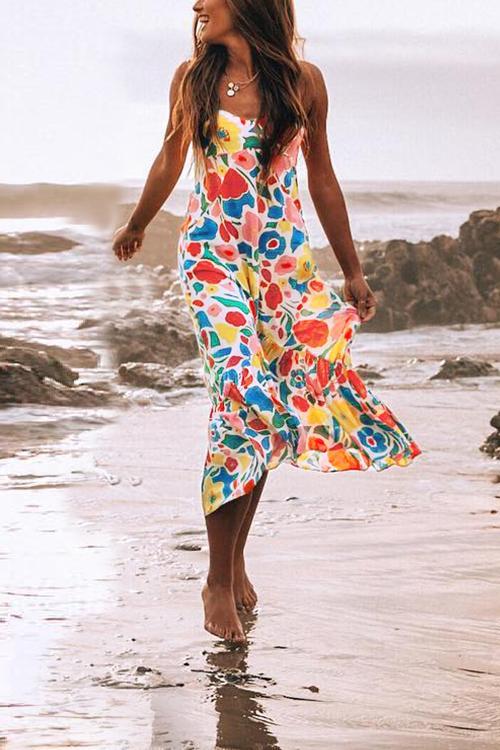 Veleaee Floral Printed Summer Backless Mid Calf Dress With Pocket