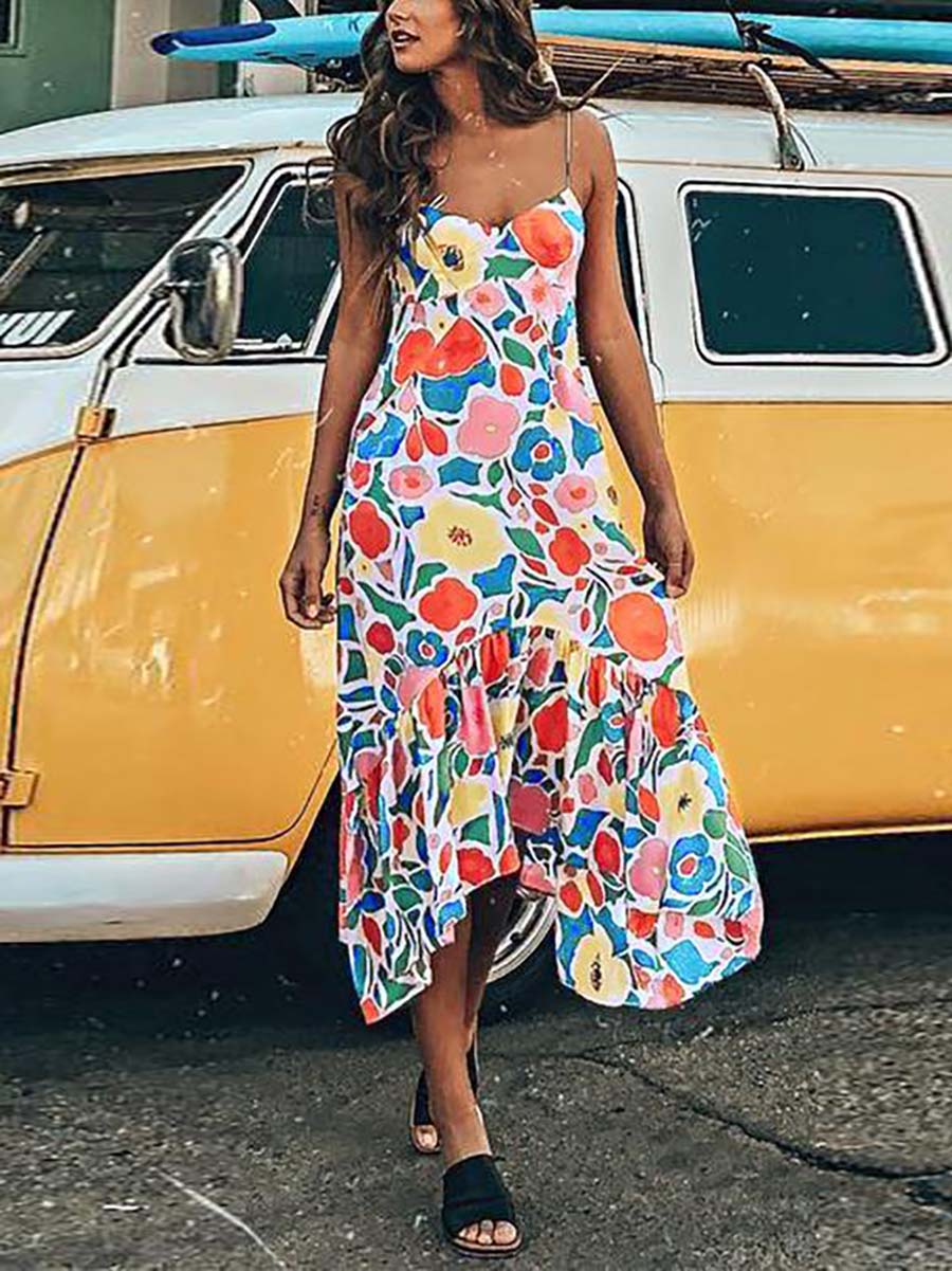 Veleaee Floral Printed Summer Backless Mid Calf Dress With Pocket