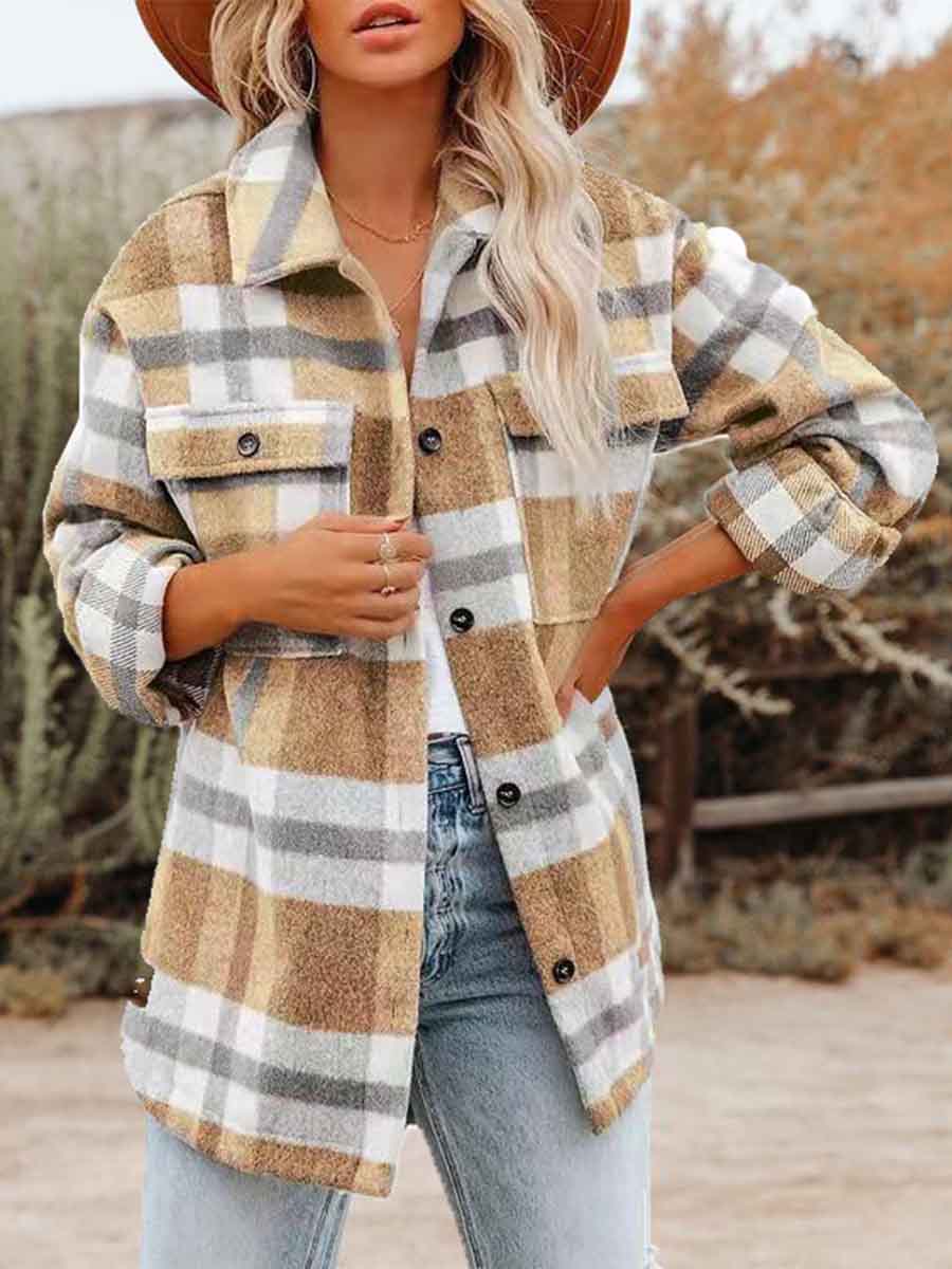 Veleaee Loose Plaid Shirt Coat