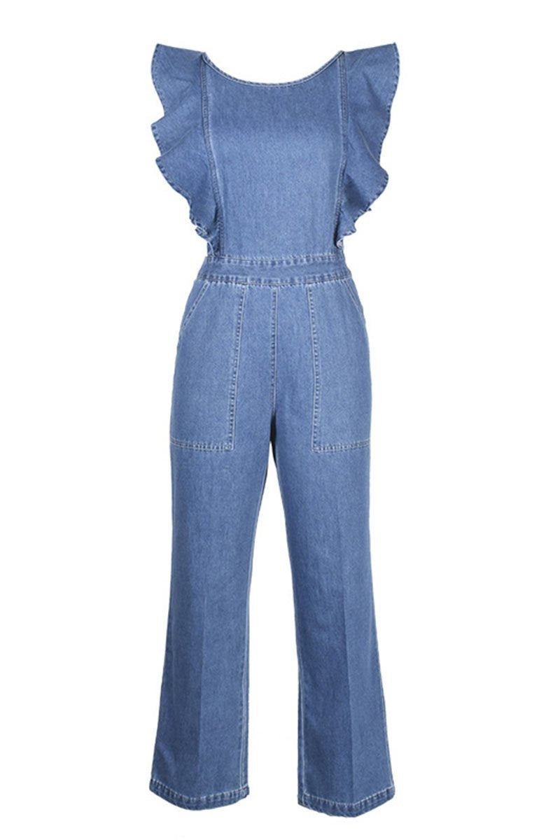 Veleaee O Neck Flouncing Denim Jumpsuit