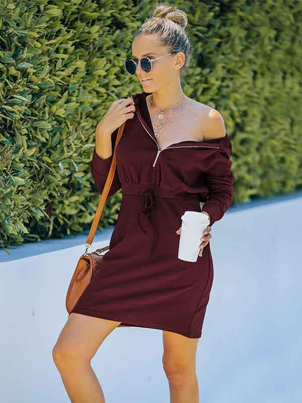 Veleaee Solid Color Zipper Hooded Dress