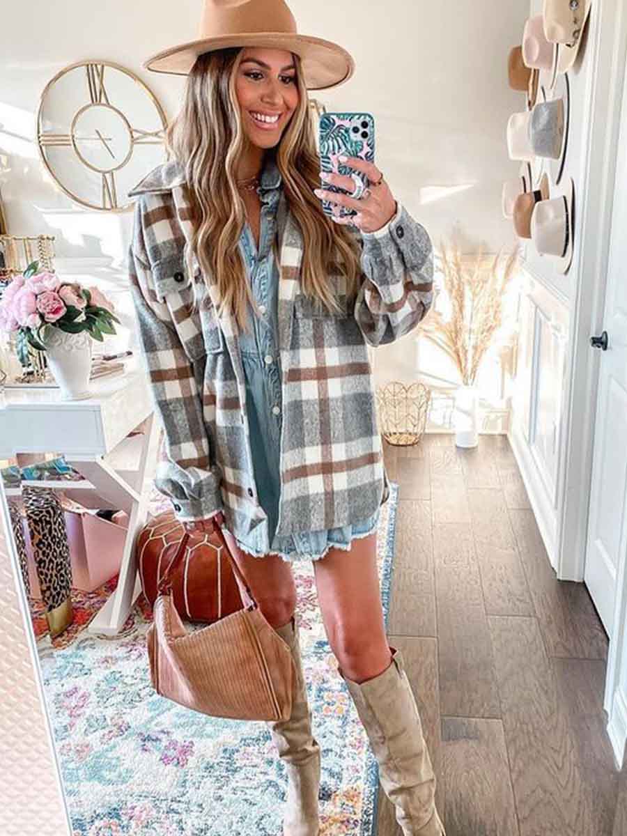 Veleaee Loose Plaid Shirt Coat