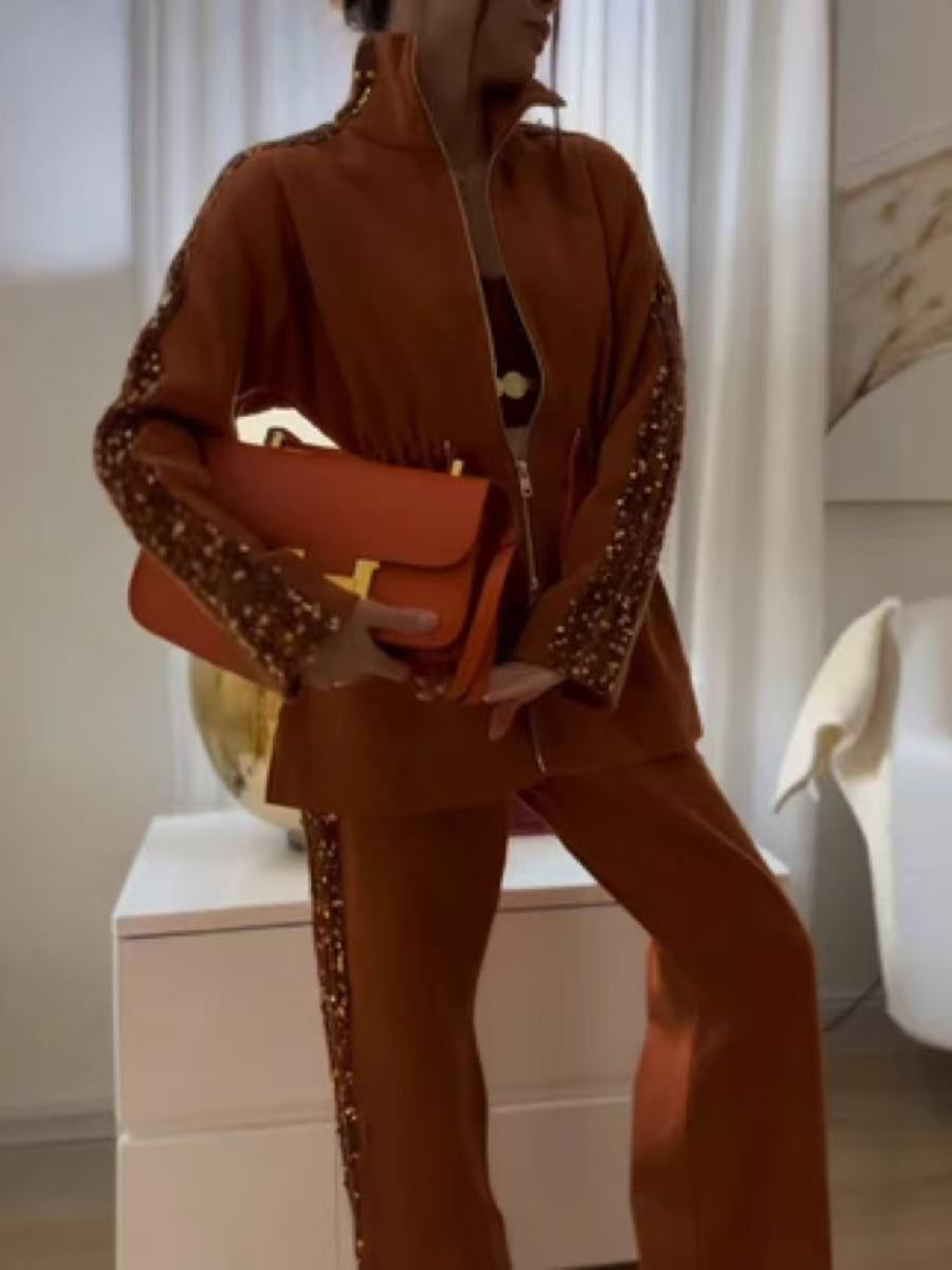 Veleaee Elegant Sequin-Trimmed Top and Wide-Leg Pants 2-Piece Set