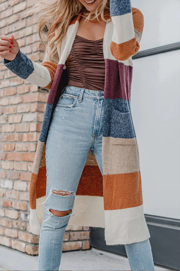 Veleaee Multicolor Knitted Color Block Open Front Long Cardigan