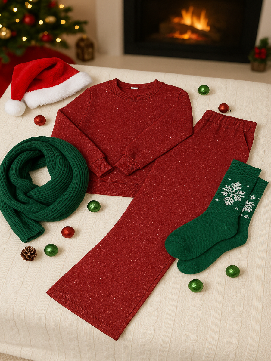 Veleaee 🎄 New Arrivals🔥 Cozy Travel Crew Neck Shiny Sweatshirt and Pant 2 Piece Sets