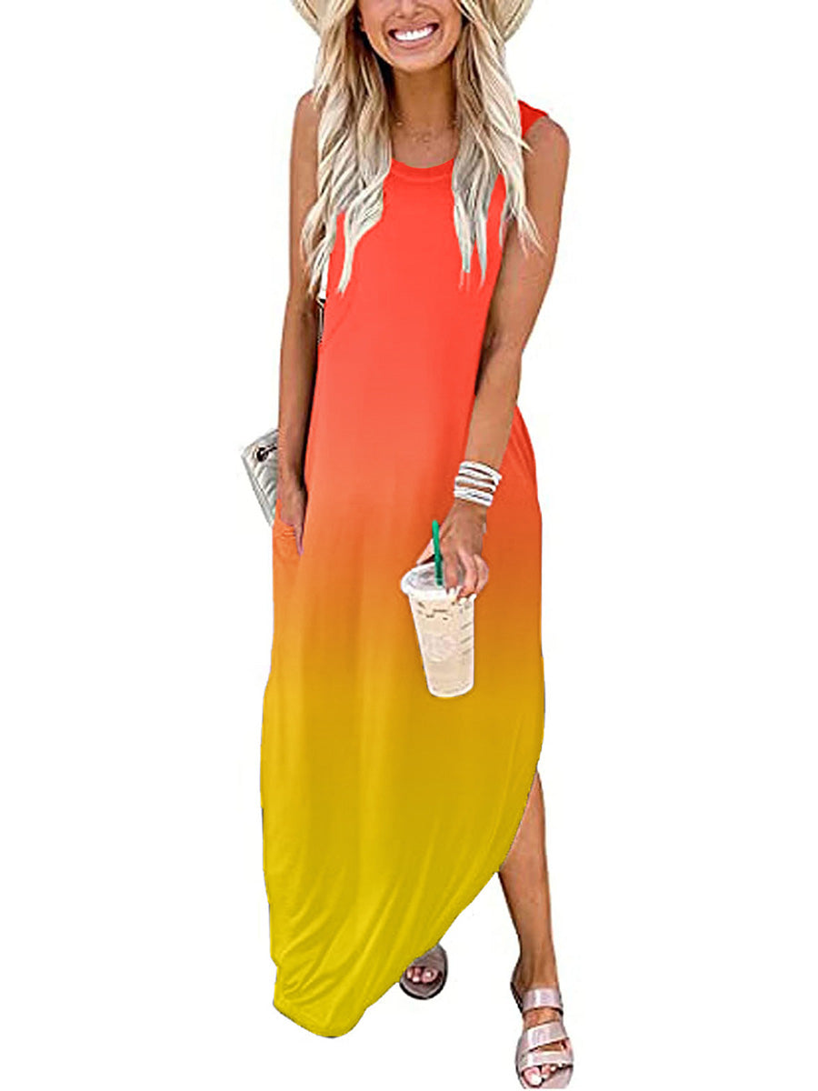 Veleaee Round Neck Sleeveless Gradient Color Dress