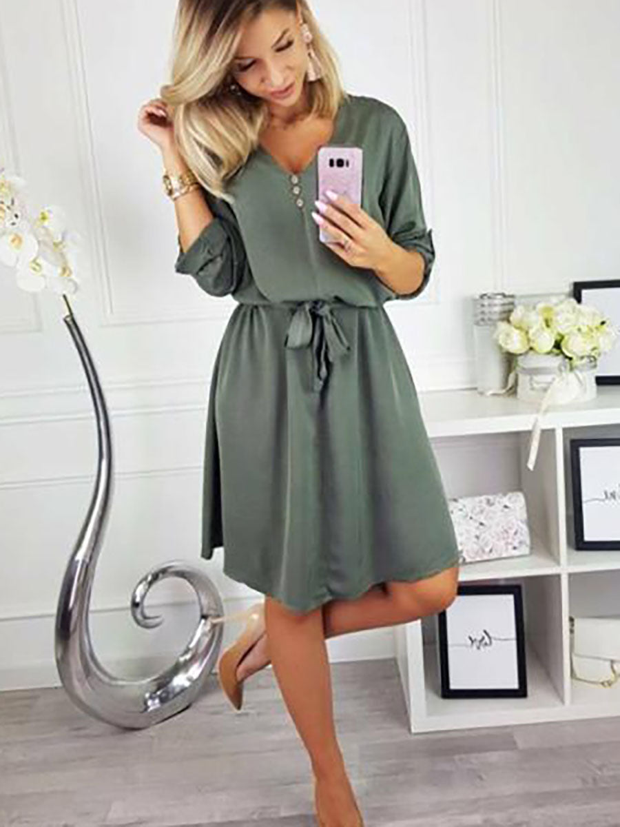 Veleaee V Neck Dress With Belt