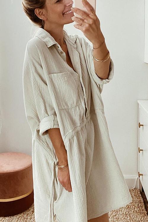 Veleaee Button Pockets Drawstring Waist Dress