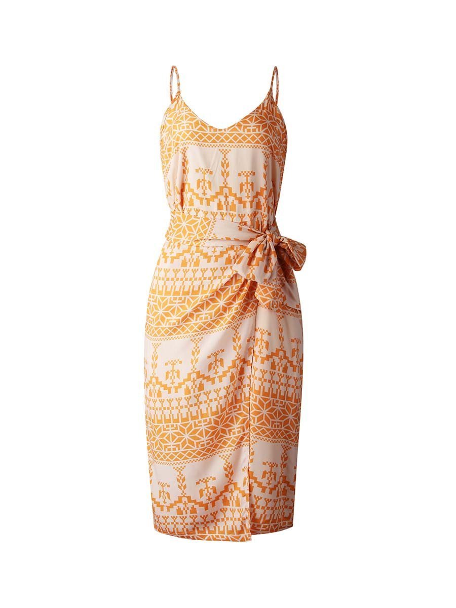 Veleaee Print Dress With Belts