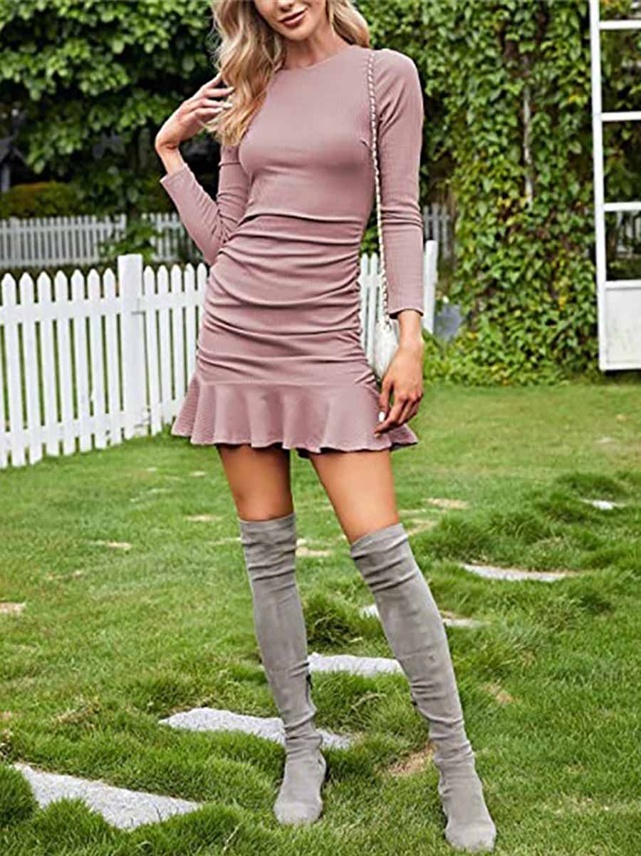Veleaee Sexy Pleated Tight Knit Long Sleeve Dress(8 colors)