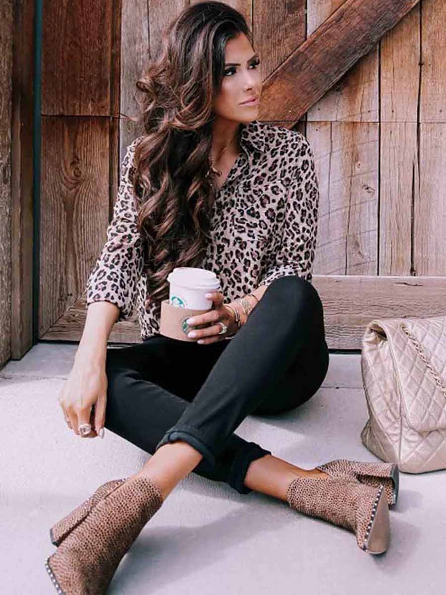 Veleaee Leopard Print Long Sleeve Shirt
