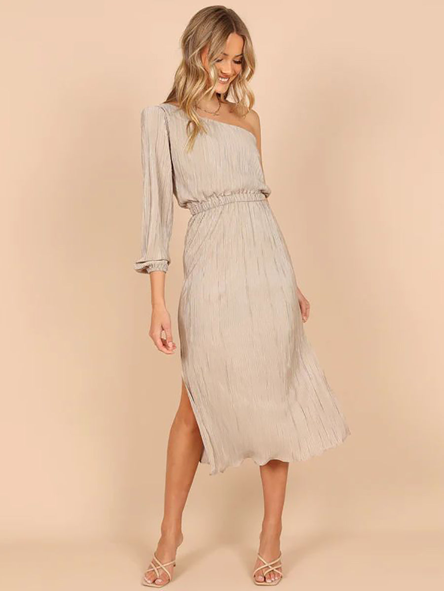 Veleaee One-Shoulder Slash Neck Solid Color Party Dress(3 Colors)