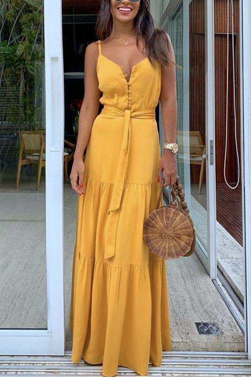 Veleaee Button Belted Slip Maxi Dress